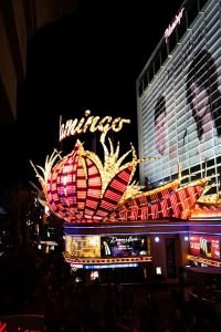 Bright neon lights of the Flamingo Hotel casino at night in Las Vegas.